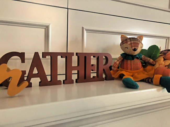 Wooden sign that says gather and sweet plaid fox decoration for fall