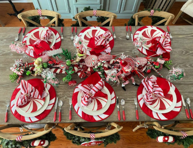A peppermint and candy cane themed tablescape for the holidays.