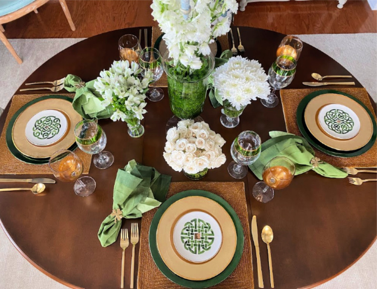 Overhead shot of a green and white table set for St. patrick's day