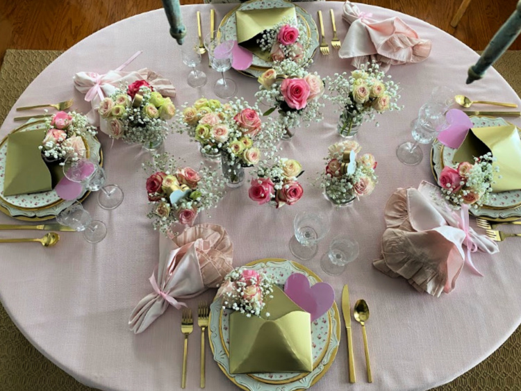 Valentine tablescape featuring pink roses