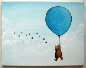 Blue balloon holding up Winnie the Pooh as he floats away from the honey bees.
