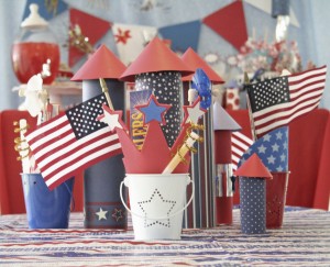 Fourth of July celebration, Party favors, buckets with gifts, flags and sparklers