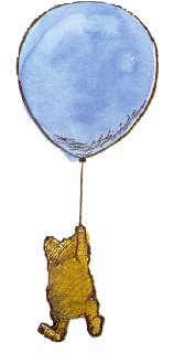 Blue balloon holding up Winnie the Pooh as he tries to get honey and pretend he is a rain cloud.