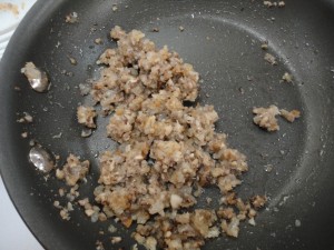 Mushroom and onion mixture for beef wellington, sautéed in pan