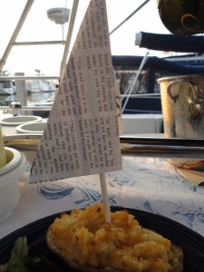 twice baked potato sailboats, sails from newspapers, nautical