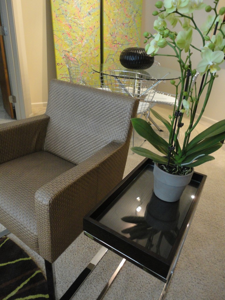 Green orchid plant on side table next to brown woven leather and chrome chair