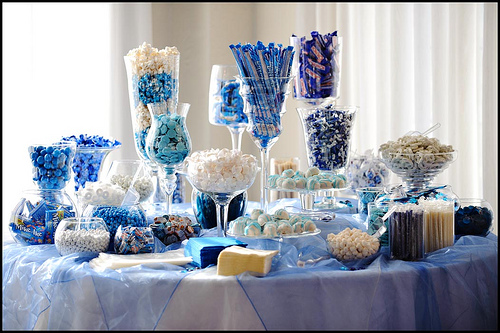 blue and white candy bar or candy buffet for a wedding