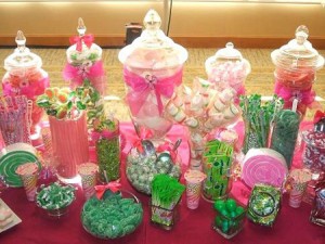 Wedding Candy buffet or candy bar in pink and green for a party