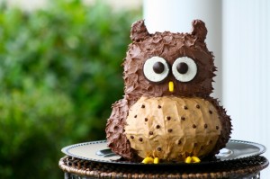 Chocolate and coffee buttercream frosted owl cake