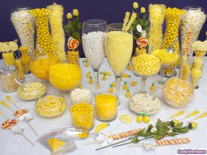 Yellow and white candy buffet for wedding shower or wedding favors or birthday party.