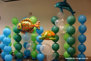 Under the sea party balloon display using rubber and mylar balloons