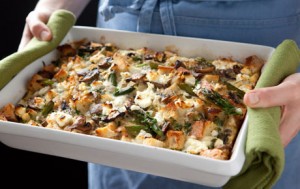 Portobello strata, with mushrooms, eggs, onion, cheddar cheese, goat cheese and more!
