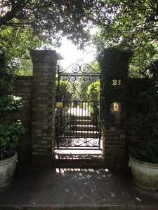 Wrought iron gates at the entrance to a private courtyard