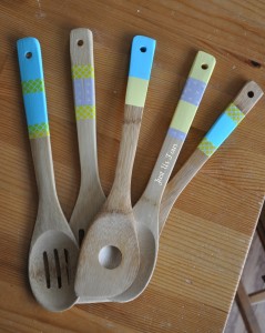 Washi tape decorated utensils make a great gift for a bridal shower