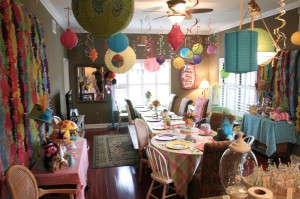 Alice in Wonderland Baby Shower with paper lanterns hanging above the table