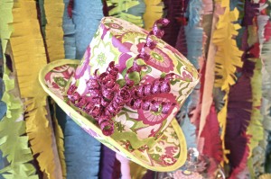 One of many decorated hats for this Alice in Wonderland Tea Party was on display