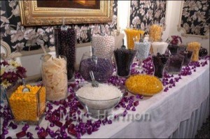 purple, black, yellow and white candy buffet