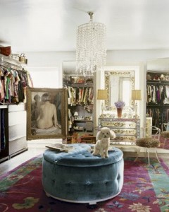 Glamourous closet with pouf and french poodle and chandelier