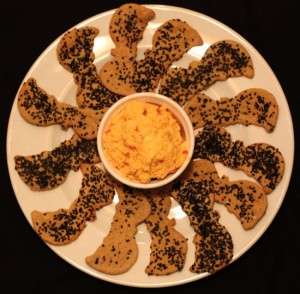 Halloween appetizer, bat crackers and cheese