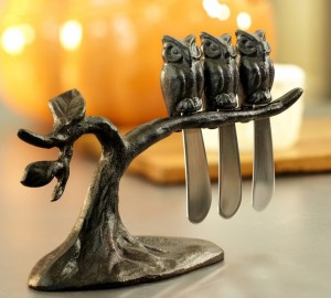 Owl spreaders and tree stand from Pottery Barn for serving appetizers and cheese spread