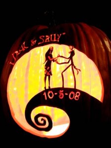 Jack and Sally from The Nightmare Before Christmas carved into a pumpkin for Halloween