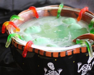 Swamp Juice Punch with gummy worms for Halloween parties