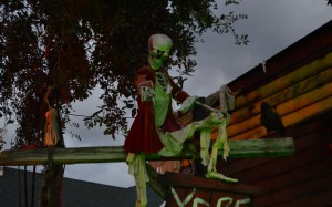 A skeleton Pirate warns of wary trick or treaters