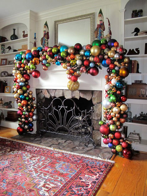Garland of ornaments decorating a Christmas mantel