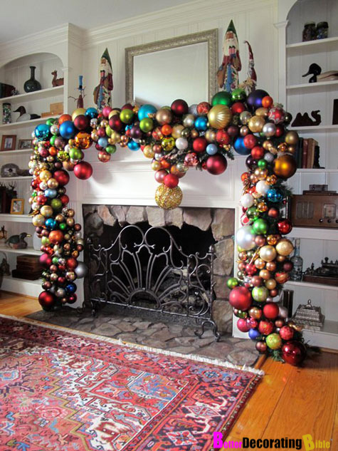 Incredible garland of multi-color ornaments adorn a holiday mantel
