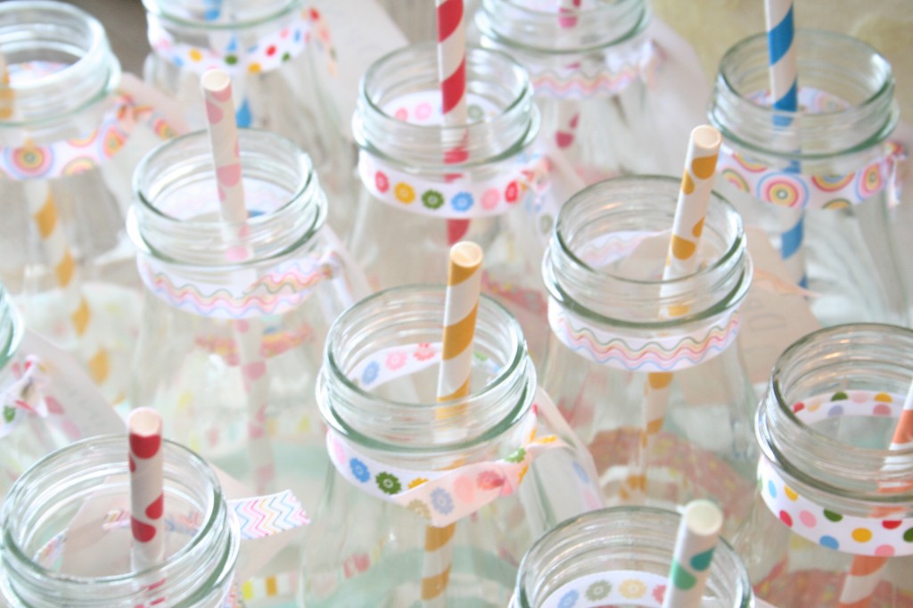 Polka Dot straws and washi tape decorated bottles
