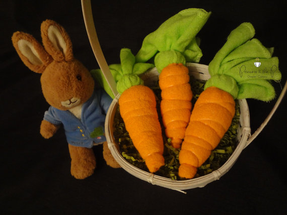 Washcloth carrots for a Peter Rabbit themed shower