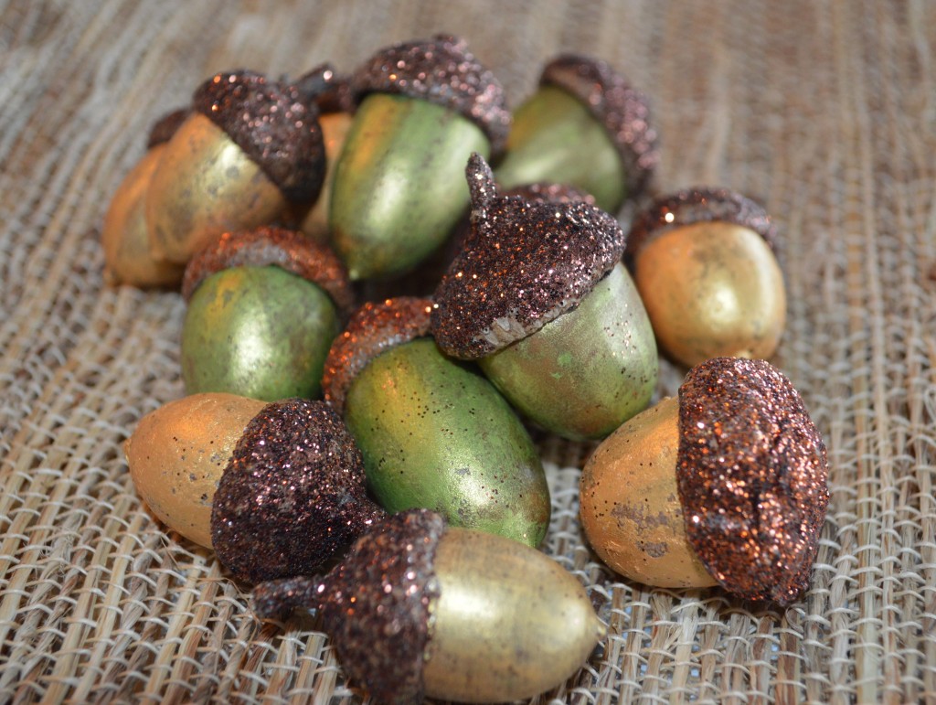 Gilded and glittered acorns for Thanksgiving decorating.