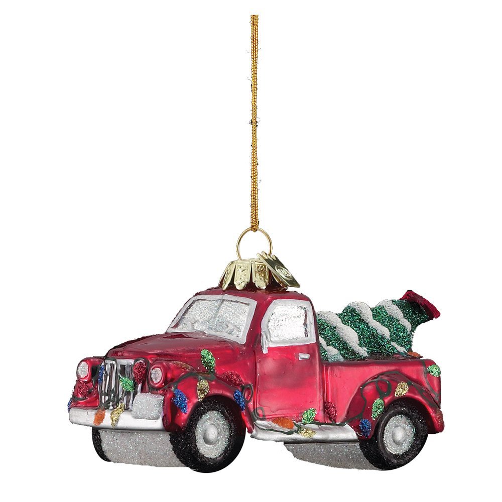 Red pick up truck with a tree in the back Christmas Ornament.