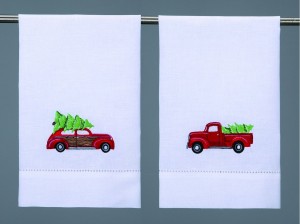 Vintage Cars with Christmas Trees Embroidered Christmas Hand Towels