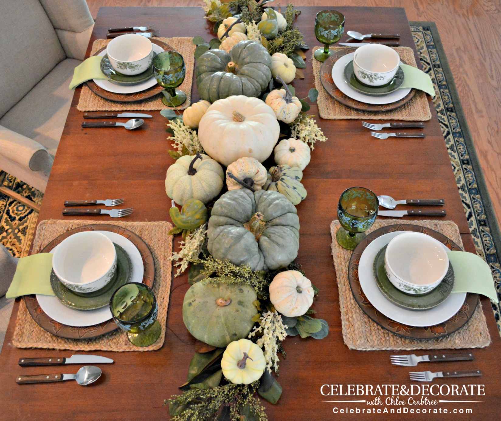 Thanksgiving Table in Green & White - Celebrate & Decorate - Thanksgiving 2022 Table Ideas Pictures