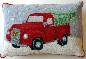 Red Pickup Truck and Christmas Tree Wool Hooked Throw Pillow