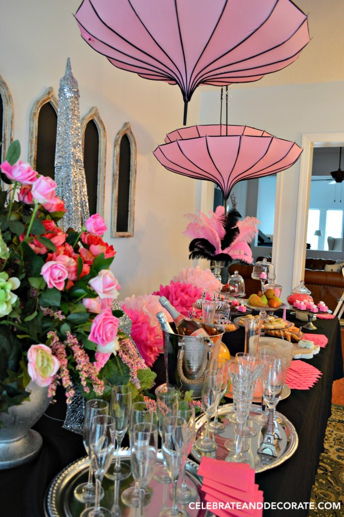Pink and Black Parasols above a Paris Party Table