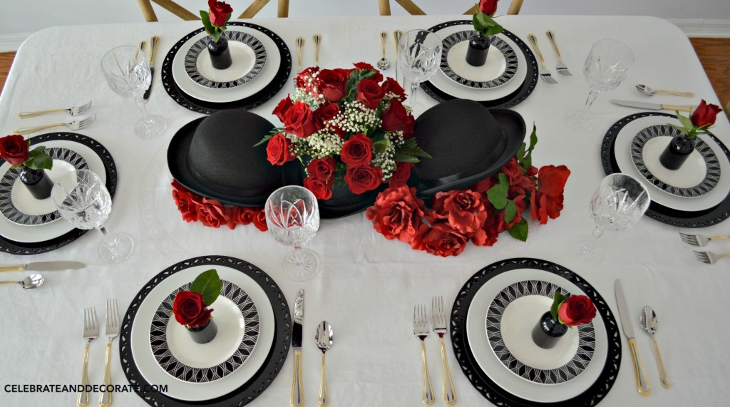 Black and White tablescape with red roses