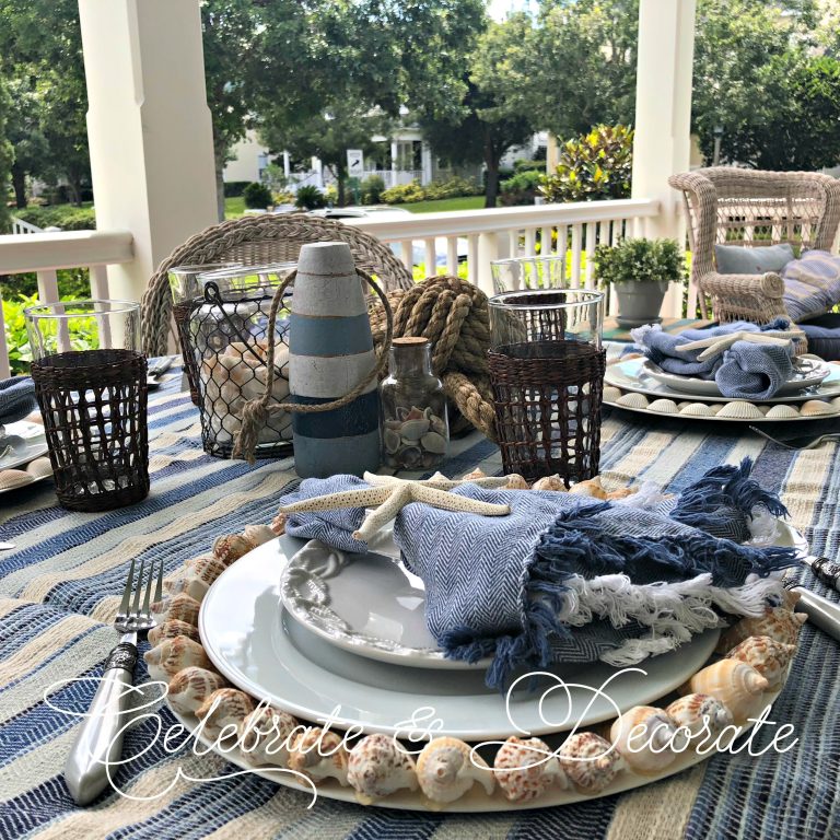 Blue and White Coastal Tablescape on the Front Porch!