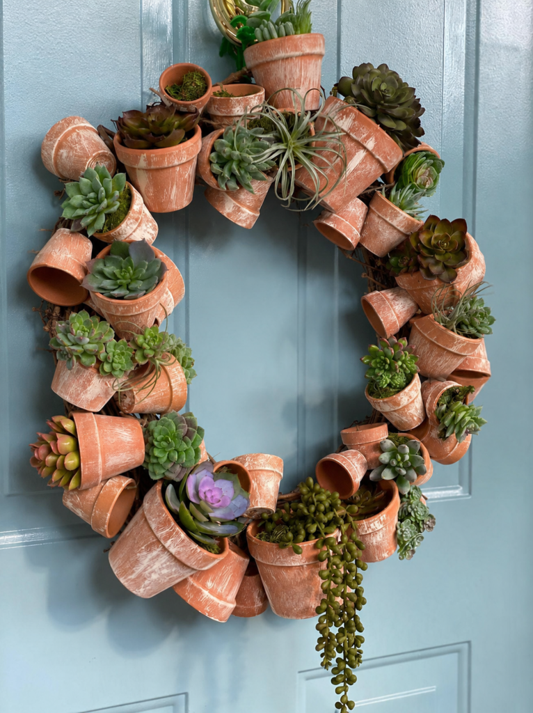DIY wreath made from distressed terracotta pots filled with faux succulents, displayed on a bright blue door.