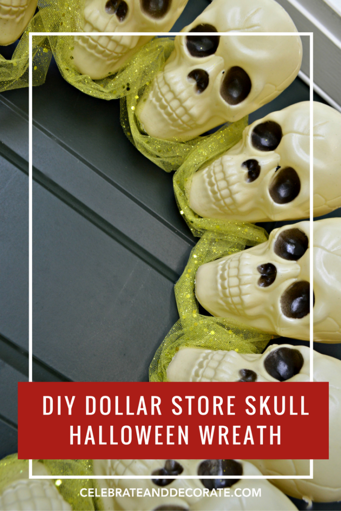 part of a picture of a wreath of plastic skulls and a sign that says diy dollar store skull halloween wreath 