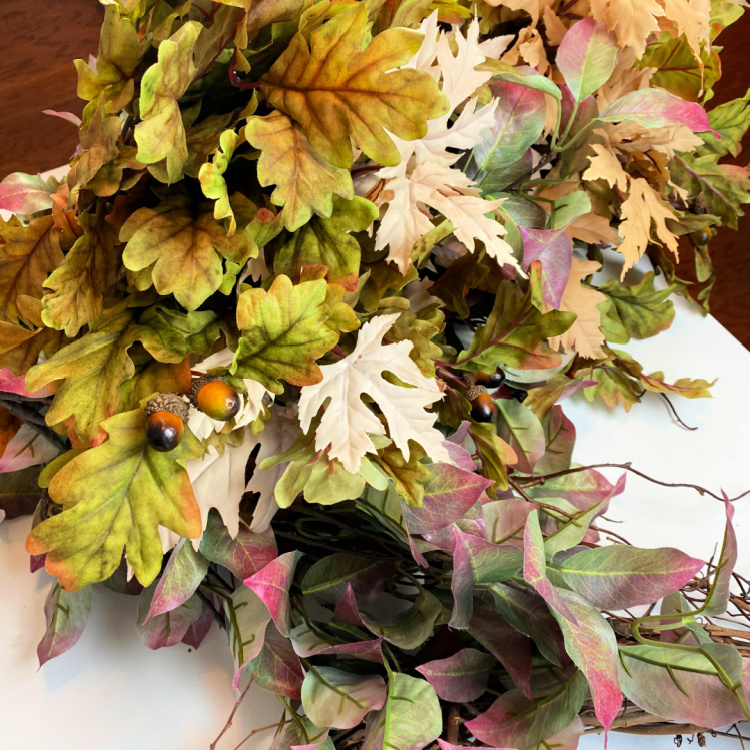 alt text please
Worked for 8s
One of the best things about this luxurious fall wreath is that none of the decorations are permanent. At the end of the season, everything can be removed from the grapevine base and repurposed in an entirely new way next year. After finishing my fall tablescape styled with oak leaves and acorns, I had a generous bundle of faux leaves left over—and they were perfect for this project! If you enjoy seasonal decorating inspiration like this, I would love for you to subscribe to Celebrate & Decorate so you never miss a new post.
Accuracy level: High.
alt text please
Large round grapevine wreath base made from intertwined natural brown vines.
Accuracy level: High.
alt text please
Assortment of faux fall leaves in green, cream, pink, and gold with small acorns for making an autumn wreath.