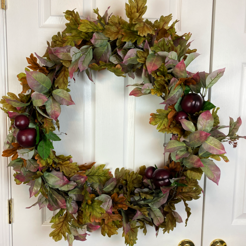 Fall wreath with faux leaves and faux plums