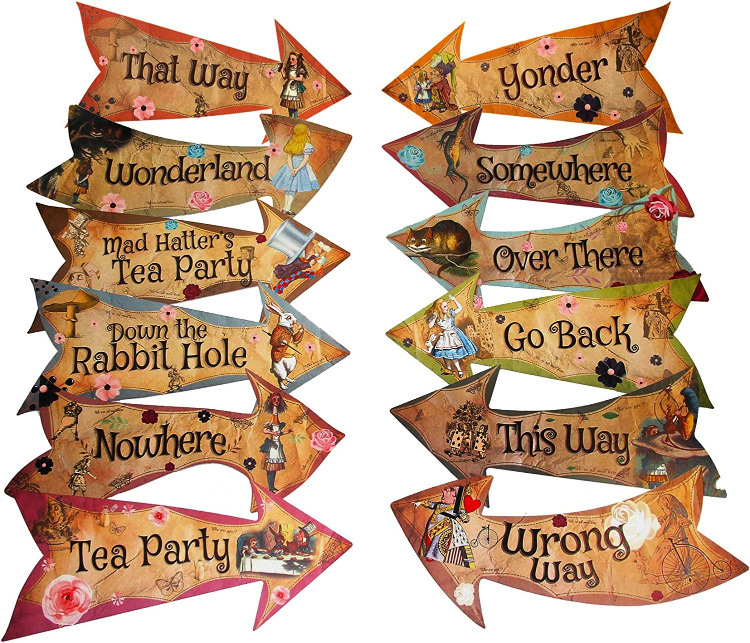 Vintage look alice in wonderland signs for your party