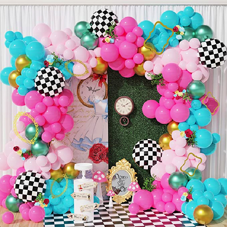 Alice in wonderland party backdrop with multi colored balloons