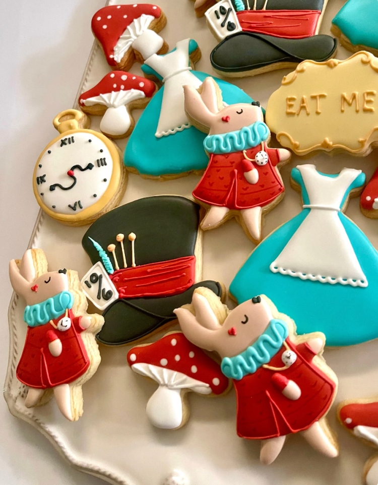 Beautiful Alice in Wonderland cookies, March hare, Alice's dress, Mad Hatter's hat, mushrooms and watch cookies