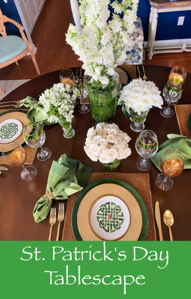 St. Patrick's Day Tablescape pin image.  Photo from up above the table.
