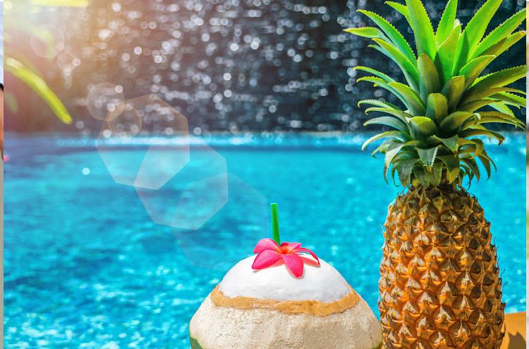 Swimming pool and a coconut and pineapple
