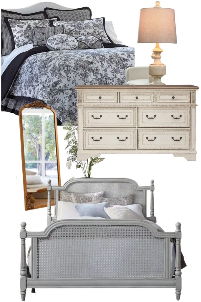 A collage of items for styling a French bedroom.  A white chest, mirrors, toile dressed bed, a carved lamp and an openwork bed.  