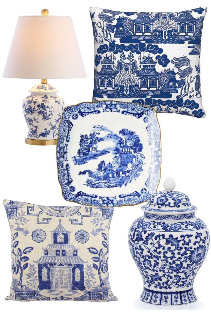 A variety of blue and white chinoiserie pillows, plates, jars and lamps.  